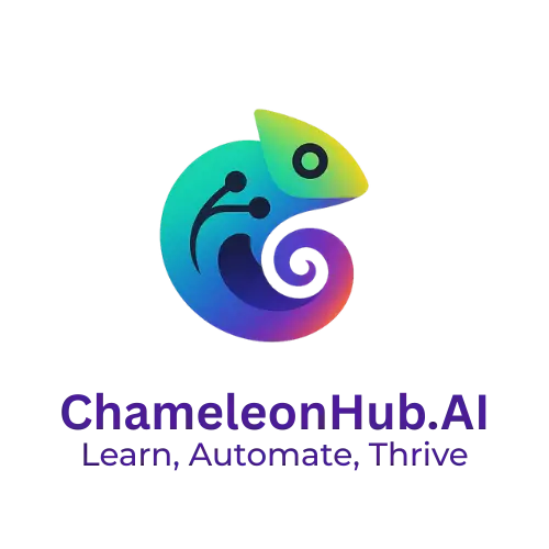Preferred Logo_Learn, Automate, Thrive _DarkPurple - ChameleonHub.AI ChameleonHub.AI logo – stylised chameleon in a rainbow gradient forming a spiral tail, on a transparent background.