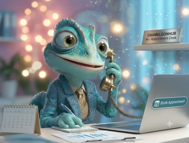 Chameleon sitting at desk making a phone call