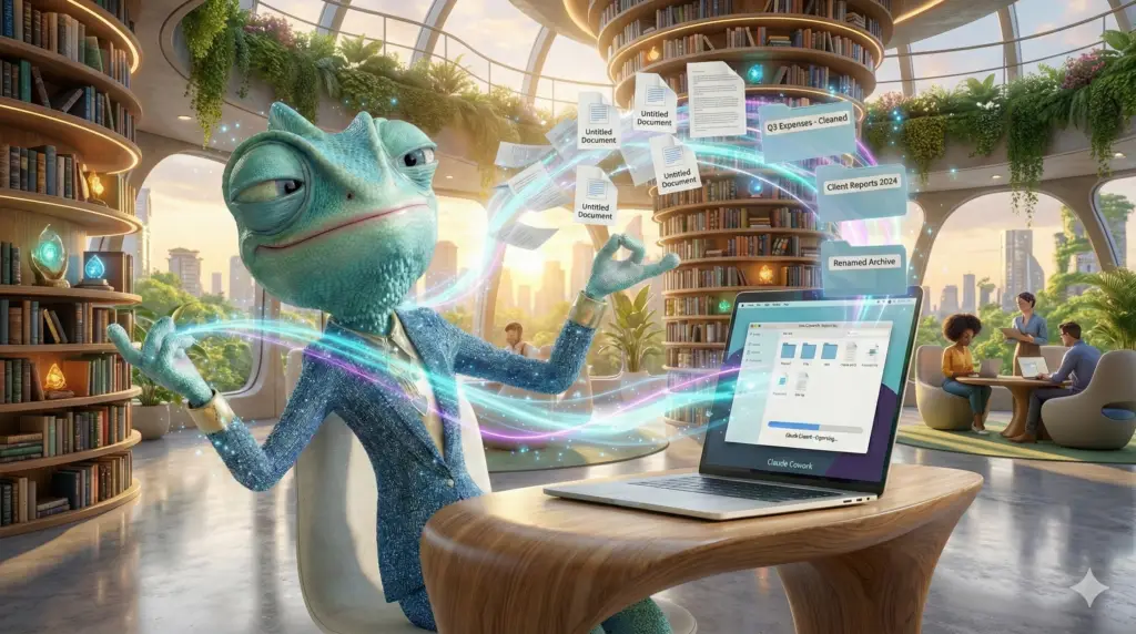 Blue-scaled humanoid lizard in a suit manipulates floating documents and holographic data in a bright futuristic library.