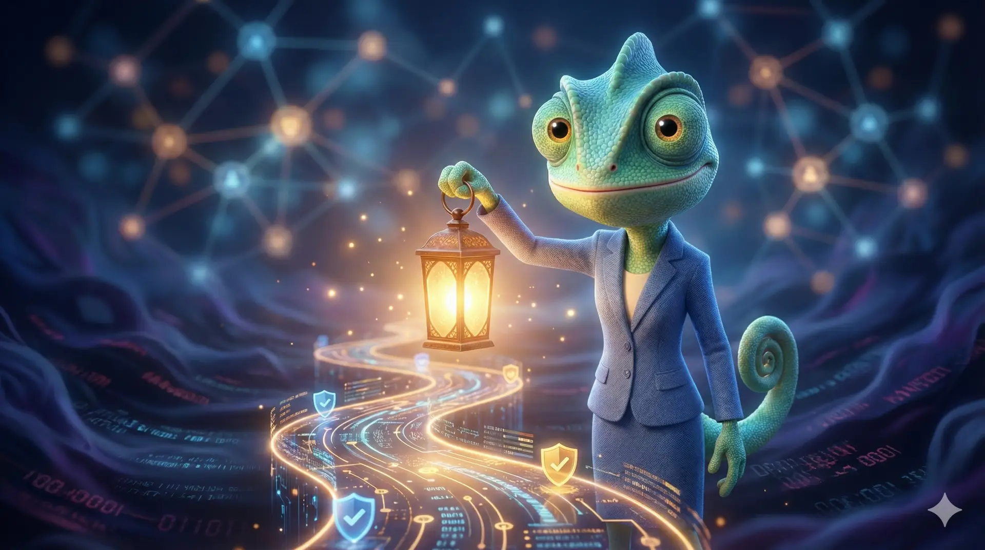 Digital illustration of a chameleon character guiding a secure online path with a glowing lantern, representing e-safety and digital security.