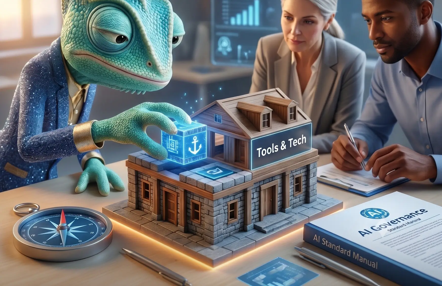 A blue-green lizard in a suit places a glowing blue tool cube on a miniature house labeled 'Tools & Tech' as two colleagues review documents nearby.