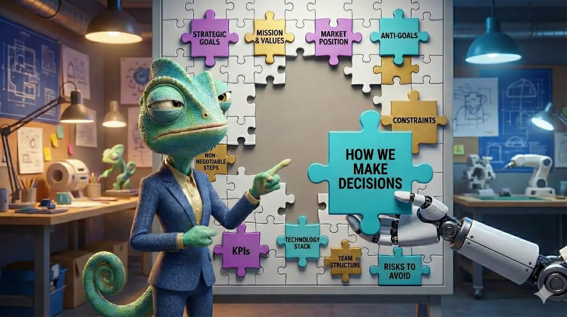 Lizard-like business leader and a robot point to a large puzzle wall labeled 'HOW WE MAKE DECISIONS' in a busy office.